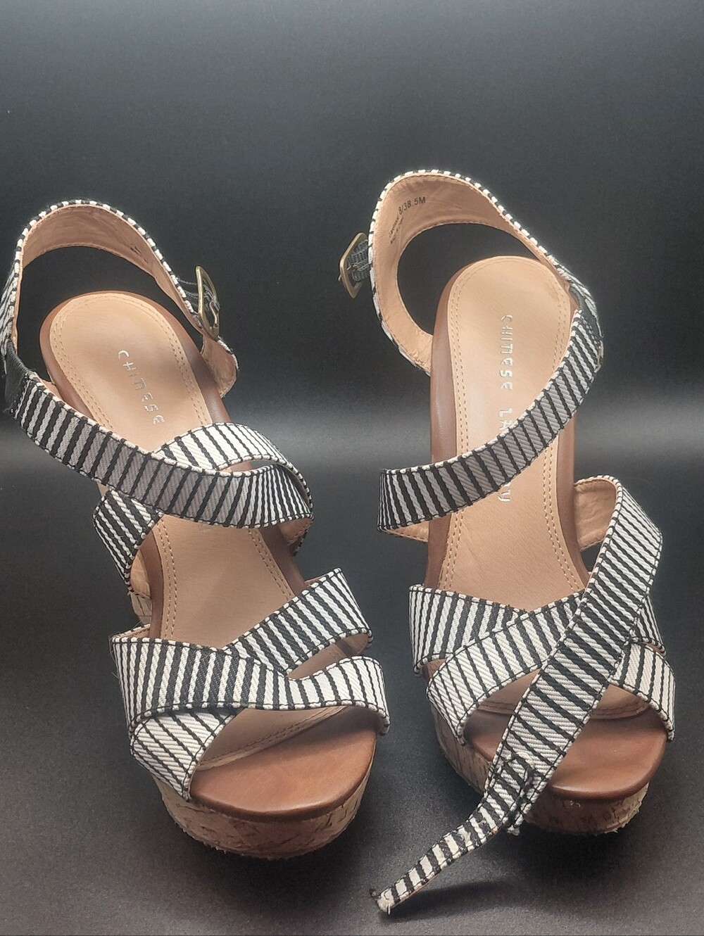 These are Chinese Laundry Z-Marianne Black & White Striped Cork Wedge Sandals